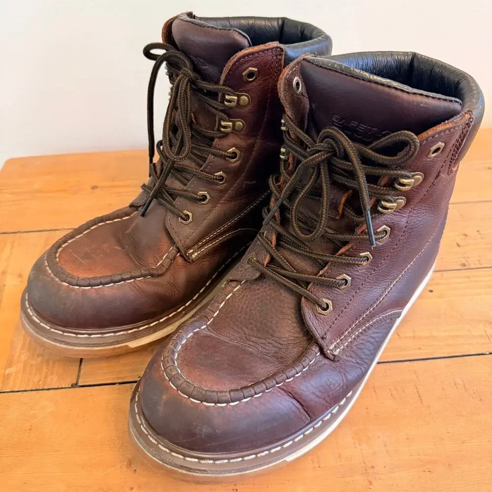 Safety Loong Men's Moc Toe Work Boots Size 11.5 Brown Leather Wedge Sole